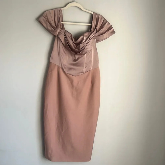 Lavish Alice Mink Pleated Bardot Satin Mix Midi Dress - Picture 2 of 14